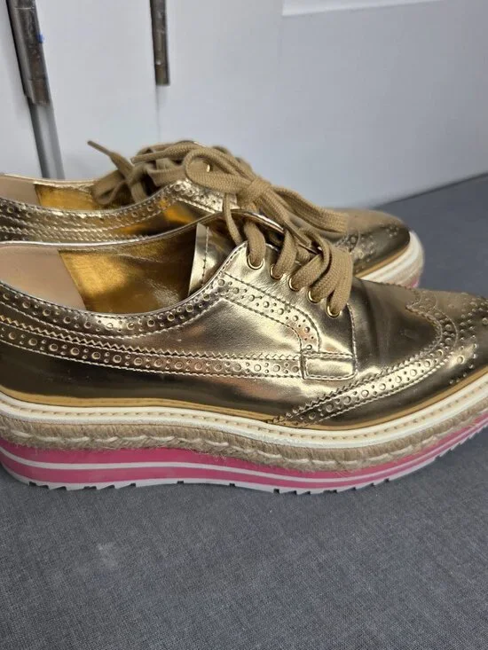 Prada Gold Metallic Platform Brogue Oxfords Espadrille Sole Women's 37.5 - Picture 3 of 13